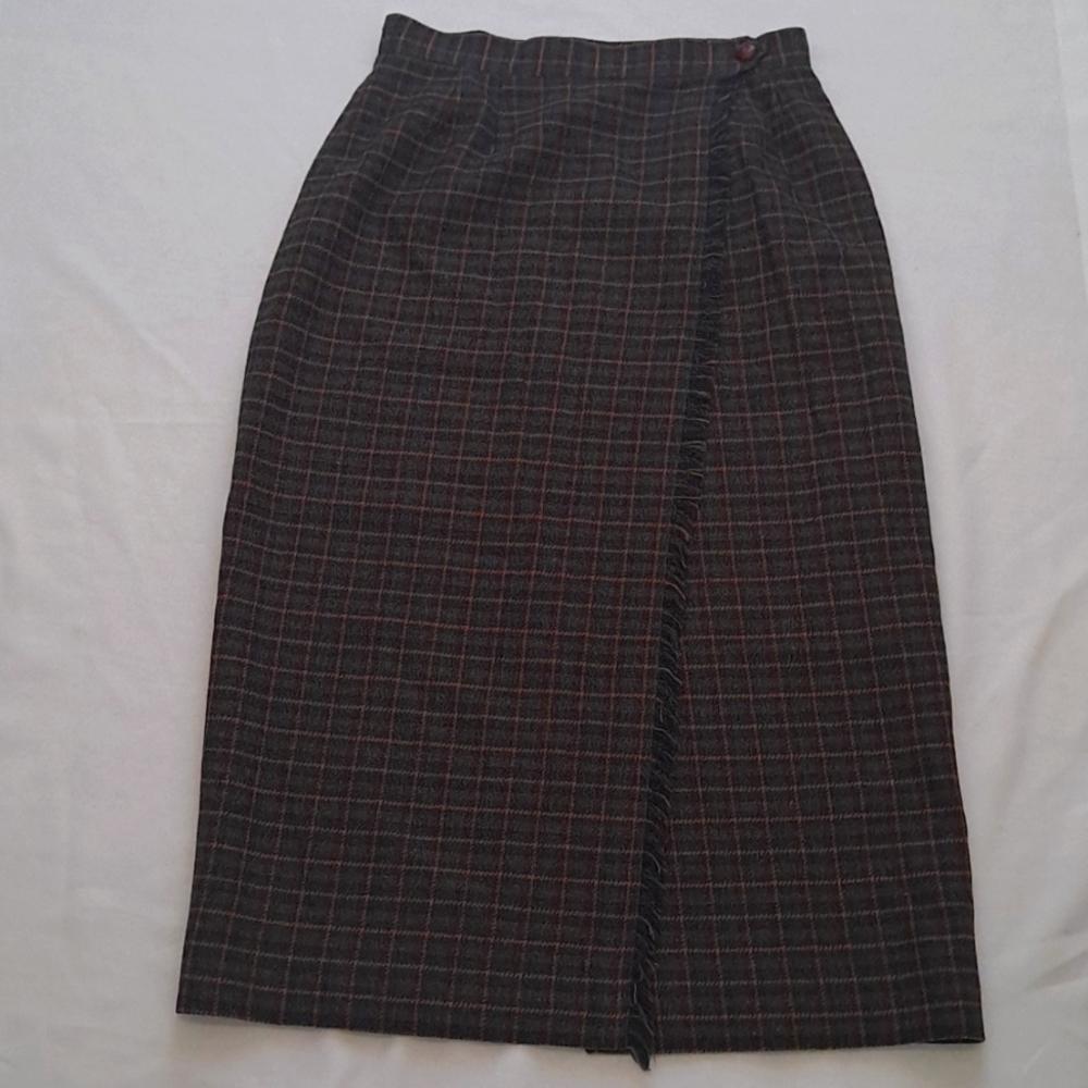 Green And Red Plaid Wool Faux Wrap Vintage School Girl Maxi Skirt with Fringe